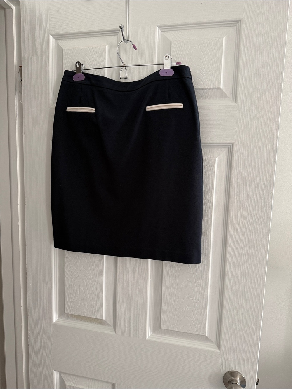 Thalian Navy Blue Pencil Skirt with Cream Trim; 10